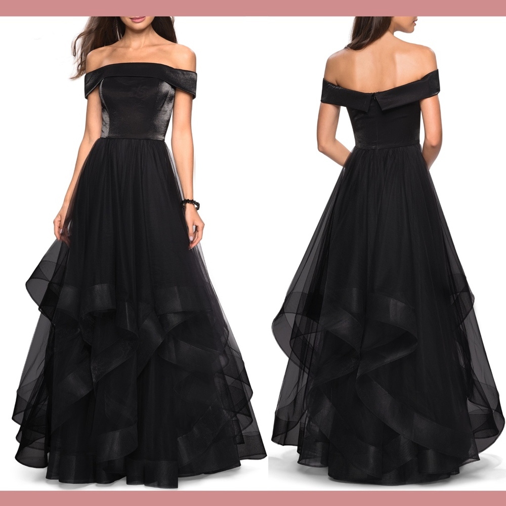 NEW $398 La Femme Off the Shoulder Evening Gown in‎ Black [SZ 4 ]